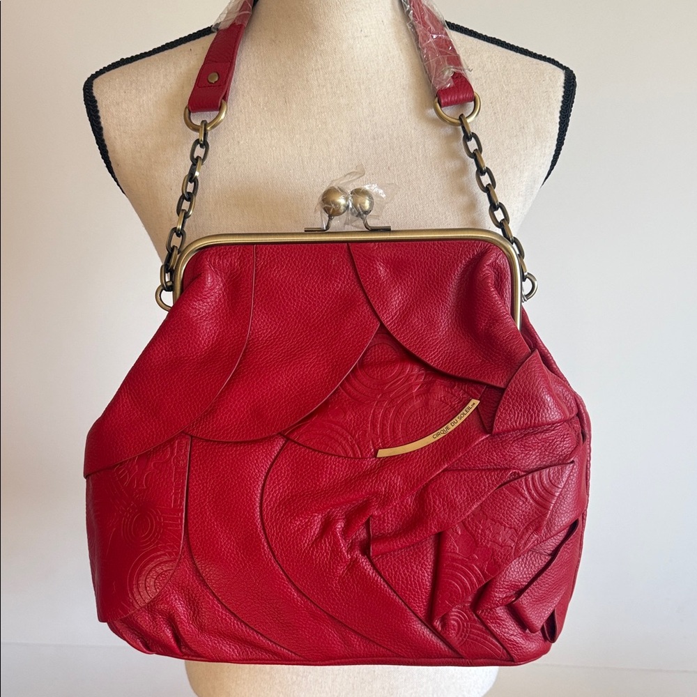 Large Red Leather Frame Shoulder Bag with Sculpted Patchwork Detail